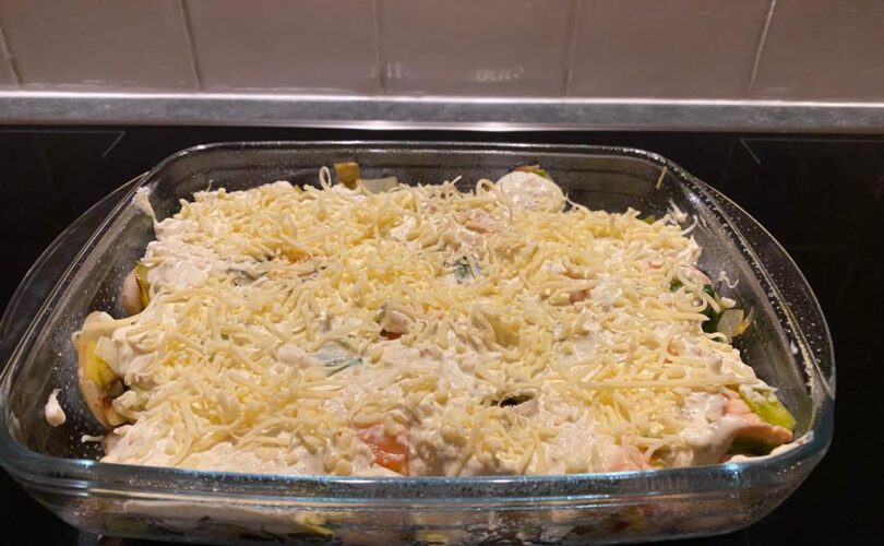 Zalm-prei ovenschotel met mosterd